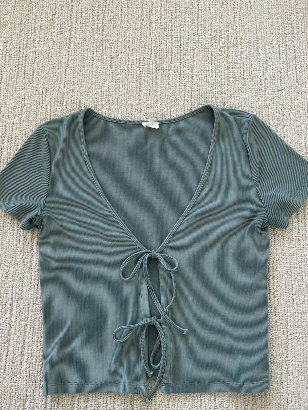 Tie-Front Ribbed Short Sleeve Top - Sage Green